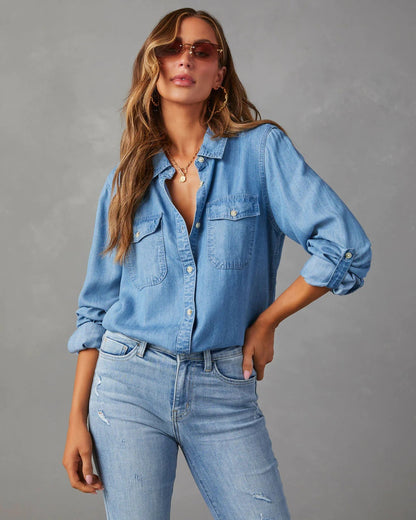 Denim Shirt Autumn Casual Collared Single Breasted Women Long Sleeved Denim