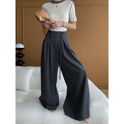 Niche Designer Office High Waist Lace Up Drooping Slimming Wide Leg Pants