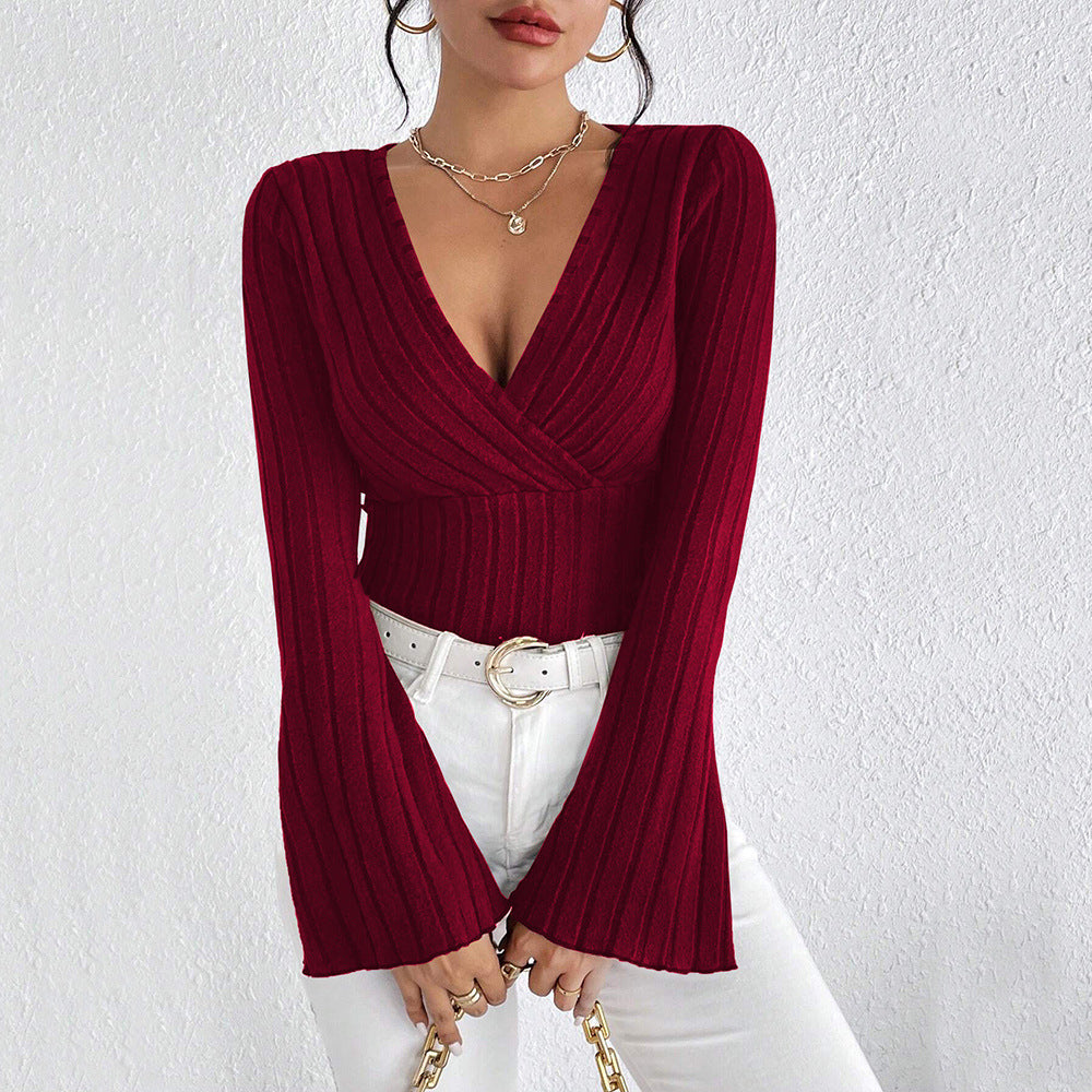 Women V neck Flared Sleeves Wine Red T shirt Fall/Winter Slim Bottoming Shirt Top