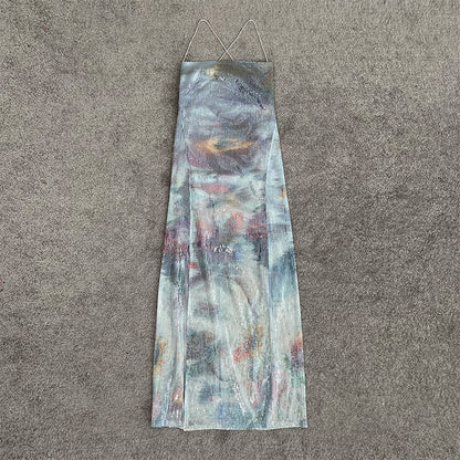 【MOQ-5 packs】 Sexy Vacation Summer Gray Bottom Floral Sequ Full Embroidery Mermaid Backless Slit High Waist Cami Dress