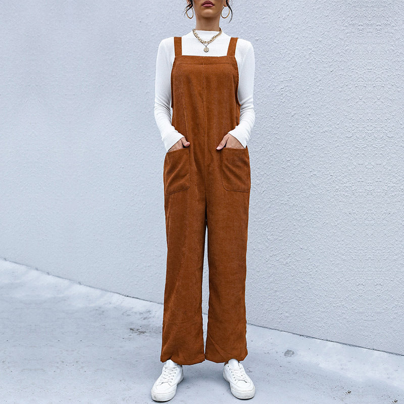 Autumn Women Brown Loose Corduroy Suspender Pants