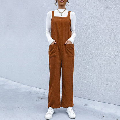 Autumn Women Brown Loose Corduroy Suspender Pants