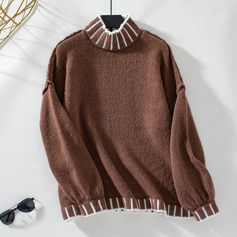 Autumn Winter Striped Pullover Turtleneck Sweater Women Loose Knitwear Top Women