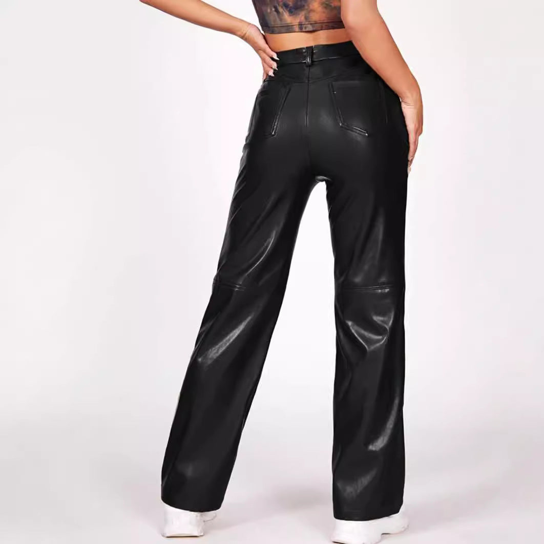 Women Pants High Waist Trousers Button Faux Leather Pocket Straight Leather Pants Autumn Winter