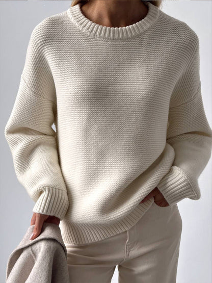 Round Neck Knitted Sweater Autumn Winter Simple Graceful Lazy Pullover White Round Neck Sweater