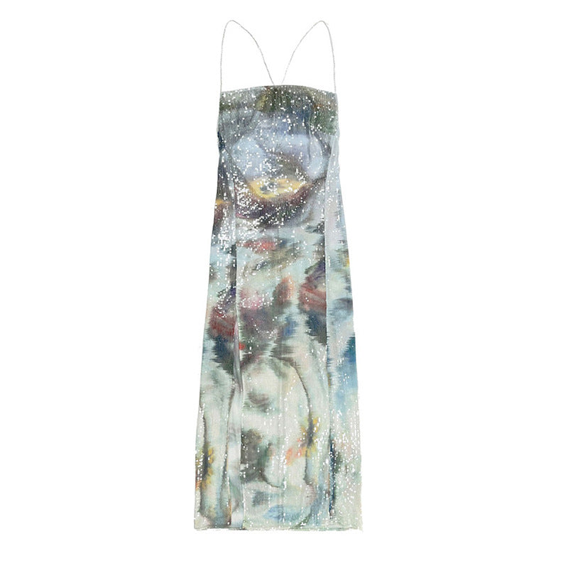 【MOQ-5 packs】 Sexy Vacation Summer Gray Bottom Floral Sequ Full Embroidery Mermaid Backless Slit High Waist Cami Dress