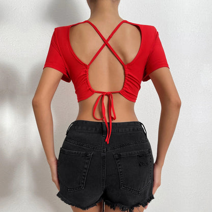 Summer Sexy Backless Ultra Short Exposed Cropped Short Sleeve T shirt Top Women