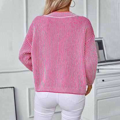 V neck Striped Sweaters Women Clothing Autumn Winter Casual Pullover Loose Sweater