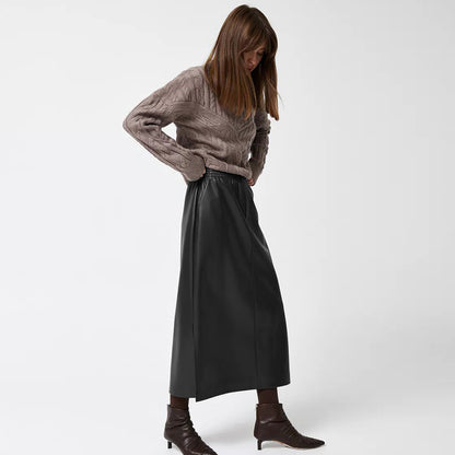 Fleece lined Matte Artificial Leather Sexy Slit A Swing Skirt Leather Skirt Fall Winter Long Skirt for Women