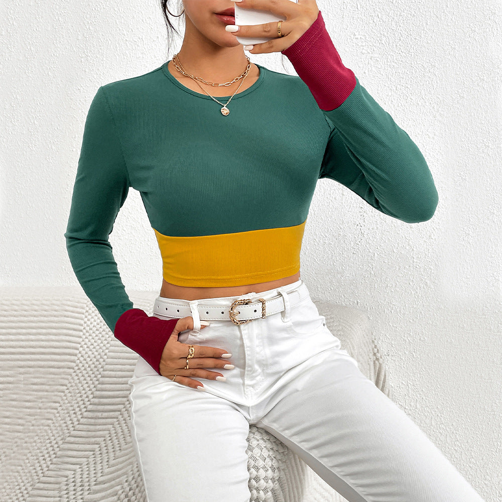 Women Clothing Autumn Winter Slim Fit O neck Short Stitching Color Contrast Long Sleeve T shirt Tops