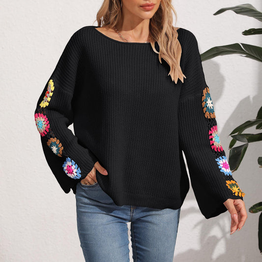 Women Pullover Autumn Winter Women Off Neck Off Shoulder Loose Top Random Mixed Color Crocheted Sweater