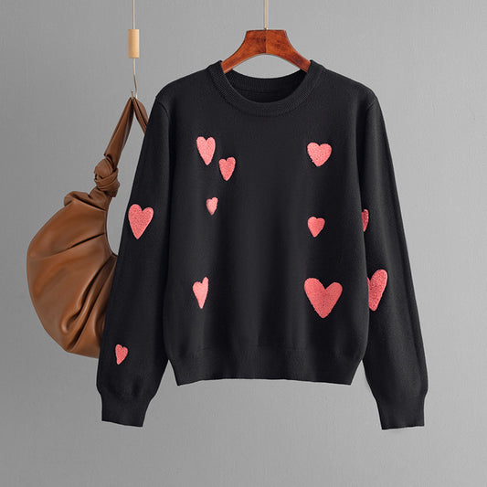 Autumn Winter Love Flocking Embroidered Crew Neck Long Sleeved Knitted Sweater Pullover Bottoming Shirt Top for Women