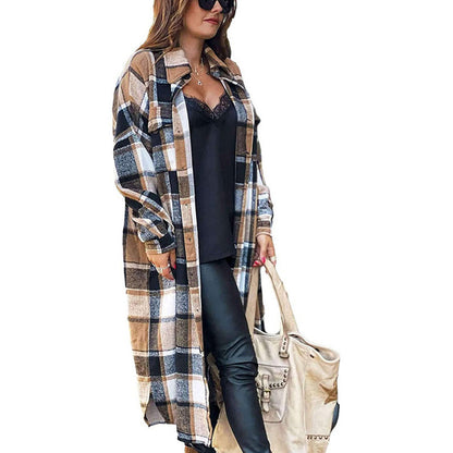 Women Clothing Popular Long Sleeve Loose Plaid Shirt Woolen  Long