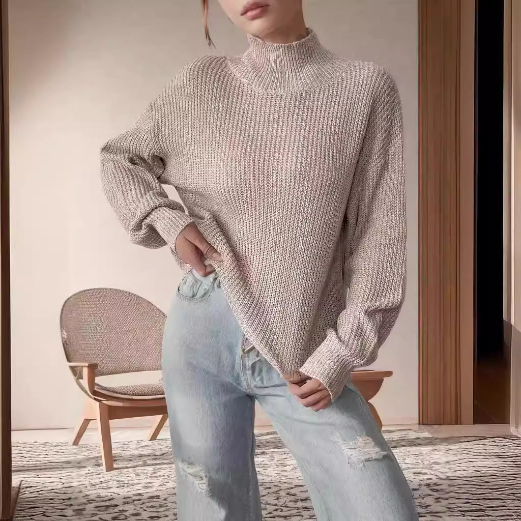 Autumn Winter Women Solid Color Simple Half Turtleneck Bottoming Shirt Knitted Sweater Pullover