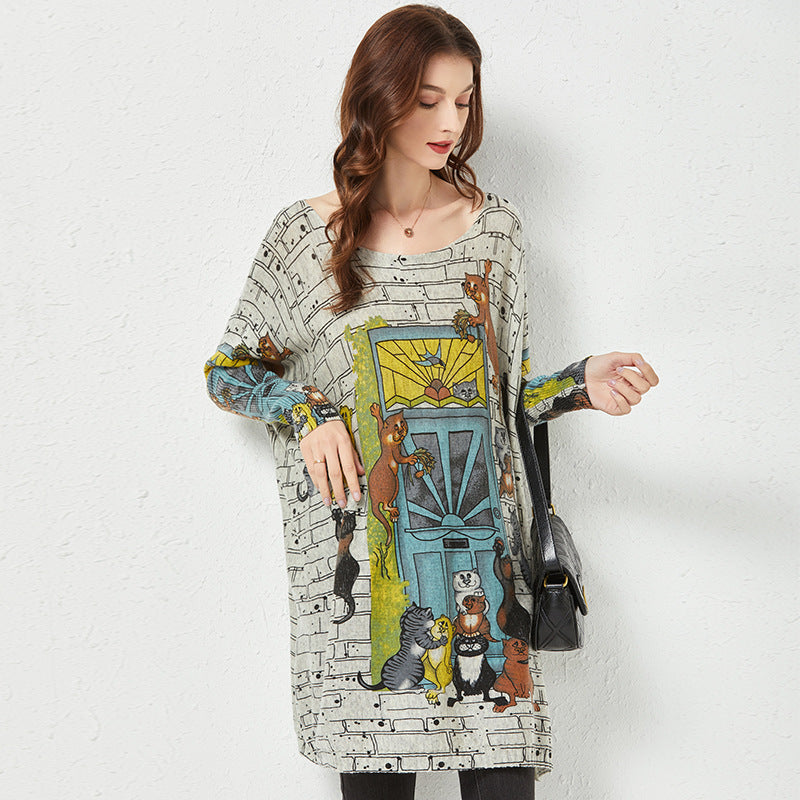 Cartoon Printed Sweater Women Loose Outer Wear Idle Top Mid-Length Bottoming Knitwear