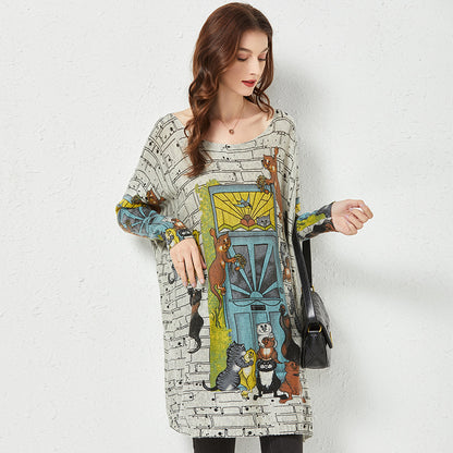 Cartoon Printed Sweater Women Loose Outer Wear Idle Top Mid-Length Bottoming Knitwear