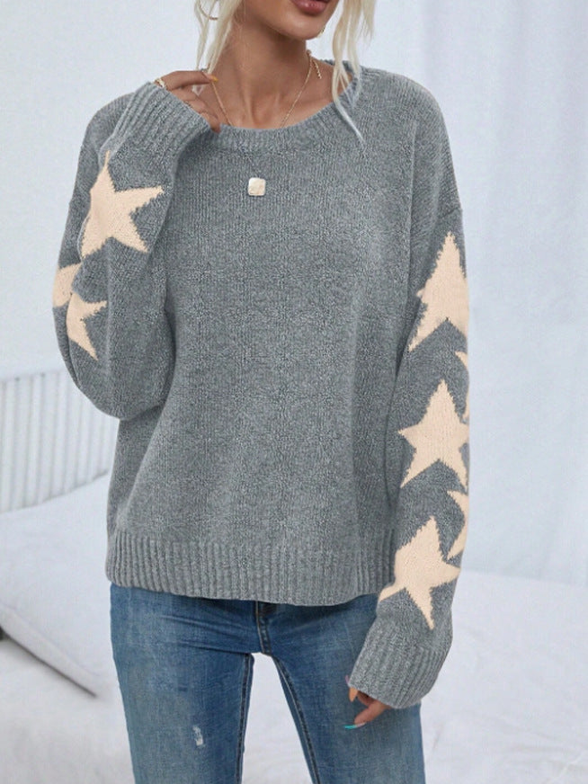 Autumn Winter Women Long Sleeved Knitted Jacquard Round Neck Pullover Casual All Match Sweater