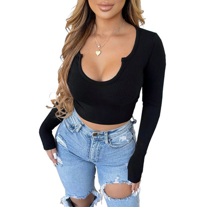 Women Clothing Nightclub Comfortable Solid Color Sunken Stripe U Neck Long Sleeved Short Top