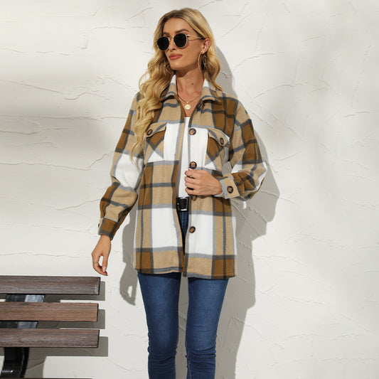 Autumn Winter Women Clothing Collared Plaid Color Matching Single Breasted Woolen Casual Coat for Women