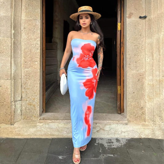 Women Clothing Summer Tube Top Floral Print Slim Fit High Waist Slit Maxi Dress