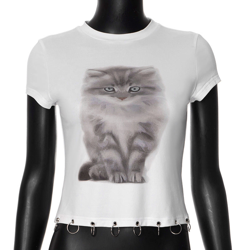 Summer Kitten round Neck Short Sleeve Ring T shirt Top Women Clothing