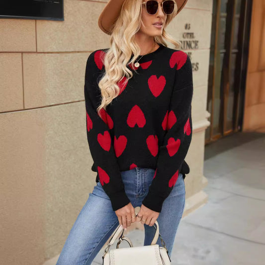 Women Love Sweater Autumn Winter Knitted Jacquard Round Neck Pullover Long Sleeve Sweater Coat Sweater Women