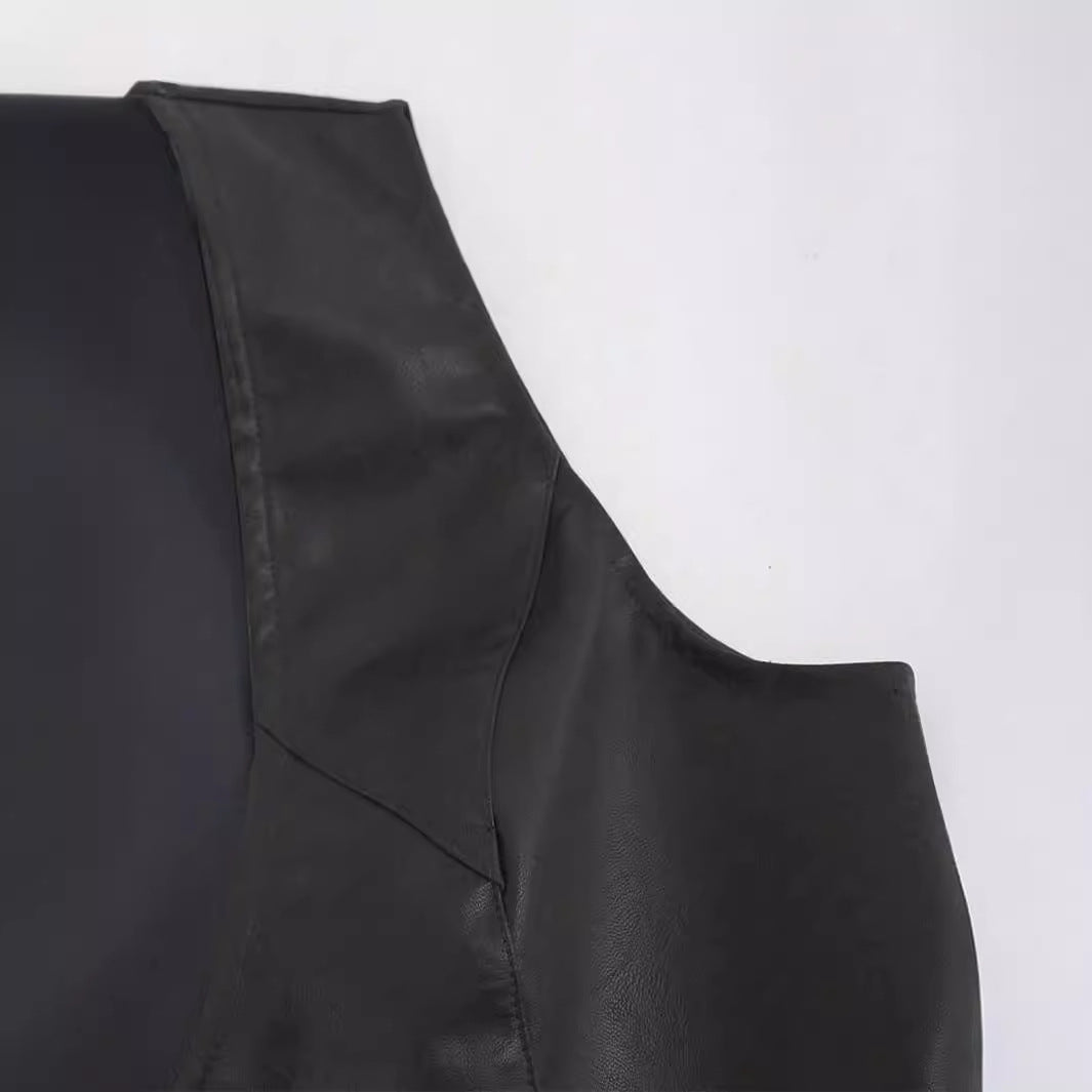 Women Wear Sleeveless Leather V neck Zipper Front Long Back Short Faux Leather Vest Autumn Winter