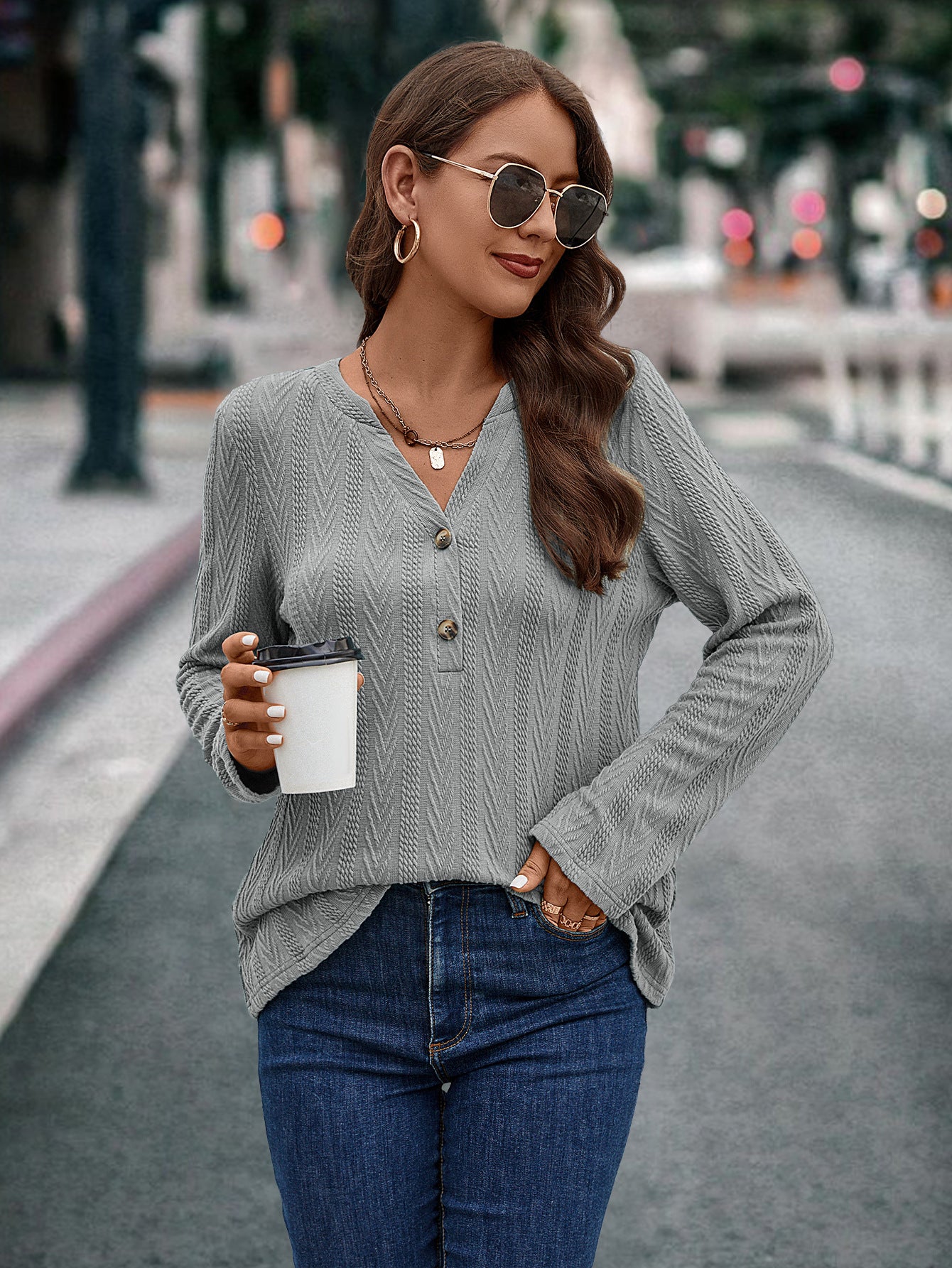 Autumn Winter Women Clothing Button Knitted Texture Top