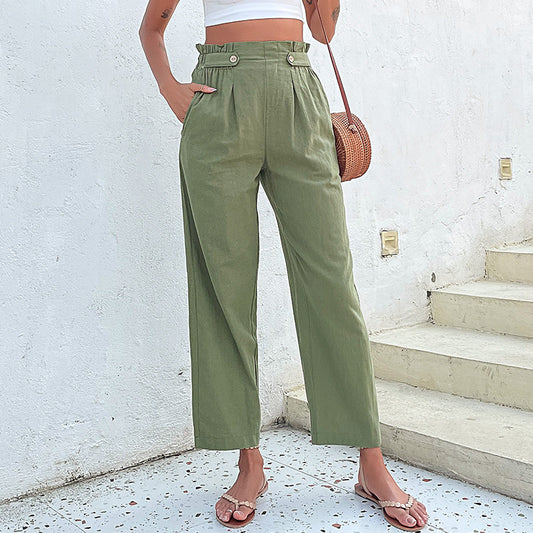 Summer Women Solid Color Cropped Straight Casual Pants