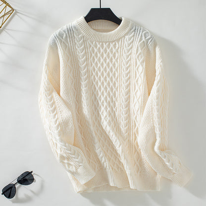 Twisted Cable Knit Pullover Women Sweater Autumn Winter Retro Crew Neck Solid Color Sweater