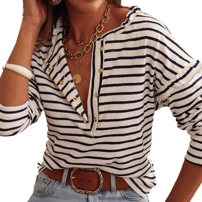 Women Striped Top Women Spring Autumn Long Sleeve Collar Decorated with Buttons Pullover T-shirt Women