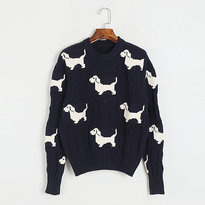 Women Thick Sweater Spring Autumn Winter All Match Puppy Mosaic round Neck Pullover Top