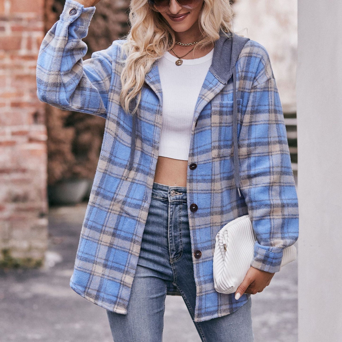 Women Clothing Autumn Winter Flannel Plaid Coat Hooded Casual Shirt