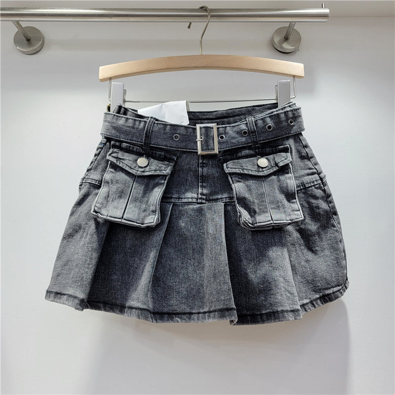 Three Dimensional Pocket Denim Skirt Women Small Sexy Pleated Skirt Retro High Waist Anti Exposure A Line Skirt Autumn