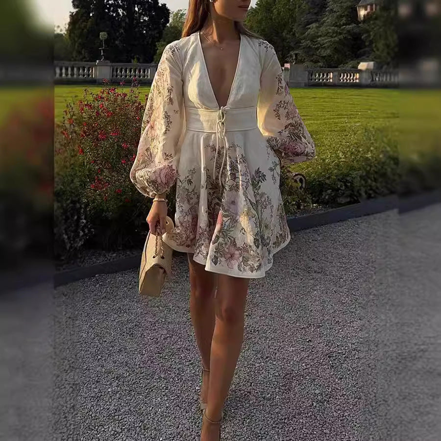 Elegant V Neck Lantern Sleeve Print Trendy Lace Up Dress