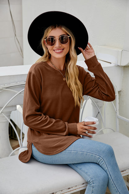 Women Clothing Autumn Winter Round Neck Irregular Asymmetric Hem Long Sleeve T  Loose Casual Top Sweatshirt