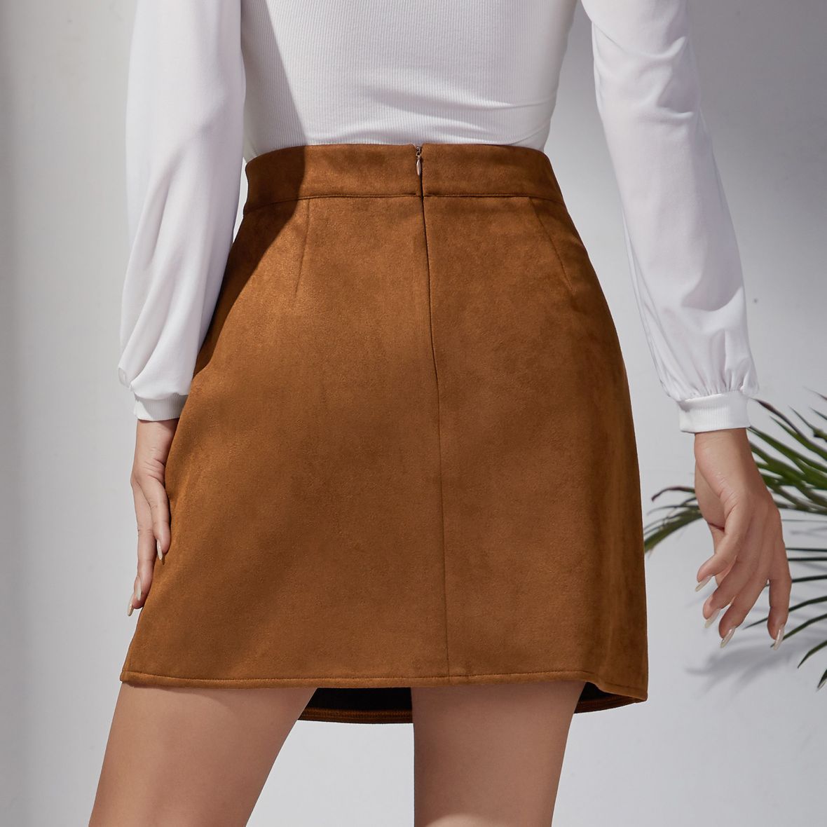 Autumn Winter Women Solid Color Suede Skirt High Waist Metal Buckle Hip Skirt