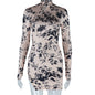 Sexy Dress Stand Collar Printed Long Sleeve Button Hollow Out Cutout Slim Fit Asymmetric Dress