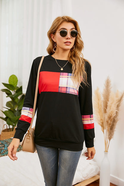 Round Neck Pullover Plaid Stitching Long Sleeve T shirt Loose Sweater Women Clothing