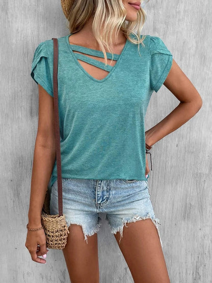 Women Clothing Summer Solid Color Stitching Petal Sleeve Loose T Top Women