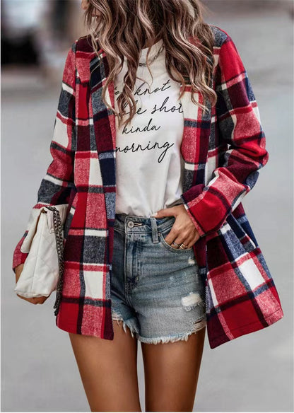 Autumn Winter Women Clothing Loose Printed Checks Long Sleeve Pocket Woolen Coat Top Outerwear