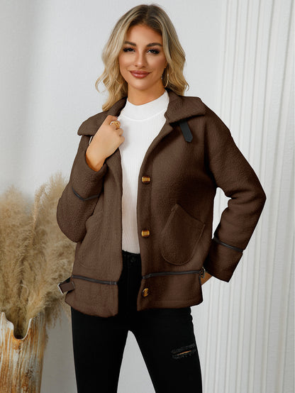 Women Clothing Polo Collar Cardigan With Buttons Lambswool Wool Coat Short Warm Jacket