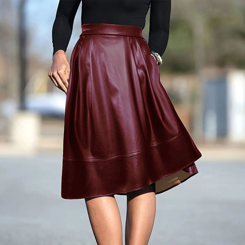 Spring Summer Faux Leather Skirt Hem Pleated Elegant Sexy Leather Skirt A Line Skirt