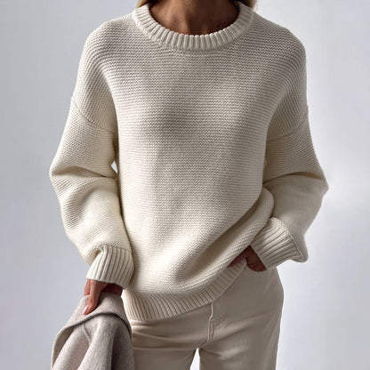 Round Neck Knitted Sweater Autumn Winter Simple Graceful Lazy Pullover White Round Neck Sweater