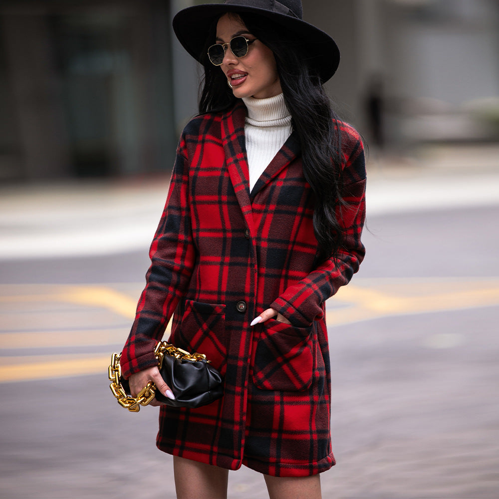 Autumn Winter Women Collared Pocket Plaid Wool Coat