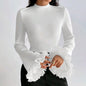 Autumn Ruffled Pleated Cuff Crew Neck Short T shirt Women