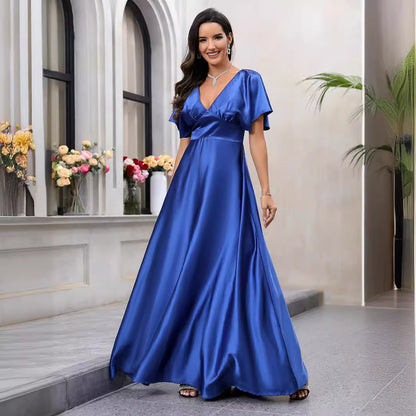 Summer Women Clothing V Neck Waist Design Satin Dress Elegant Graceful Waist Dress