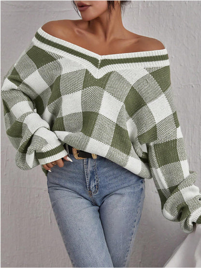 Women Clothing Autumn Winter V neck Sweater Casual Plaid Long Sleeve Sweater Sweater for Women