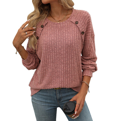 Women Round Neck Sunken Stripe Brushed Solid Color Top Long Sleeve Button Sweaters