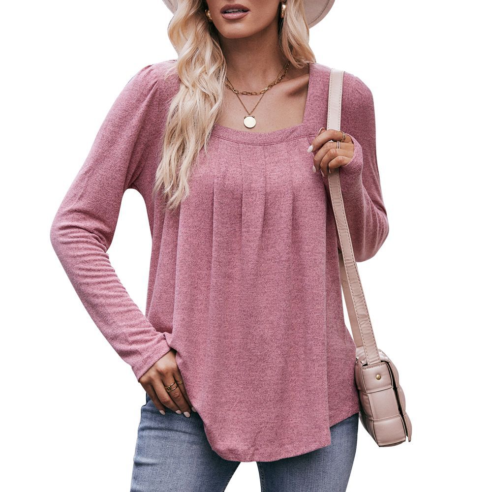 Women Autumn Winter Casual Square Collar Pleated Long Sleeve T shirt